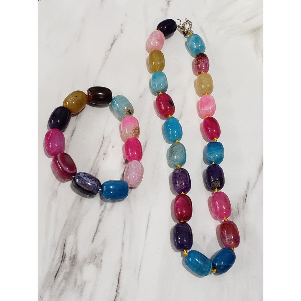 SET Dragon Vein Agate Necklace Cracked Stone Crackle Chalchedony Quartz Bracelet